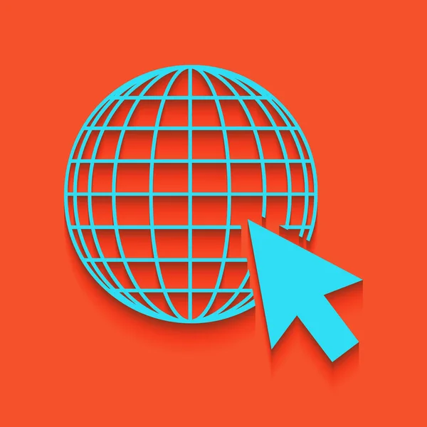 Globe terrestre avec curseur. Vecteur. Icône bleue avec ombre douce posée sur fond de flamant rose . — Image vectorielle