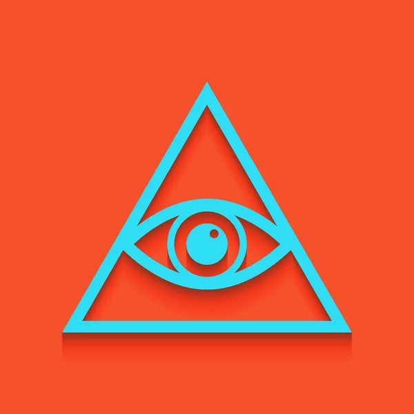 Tutti vedono il simbolo della piramide oculare. Massone e spirituale. Vettore. Icona blu con ombra morbida stesa su sfondo fenicottero . — Vettoriale Stock