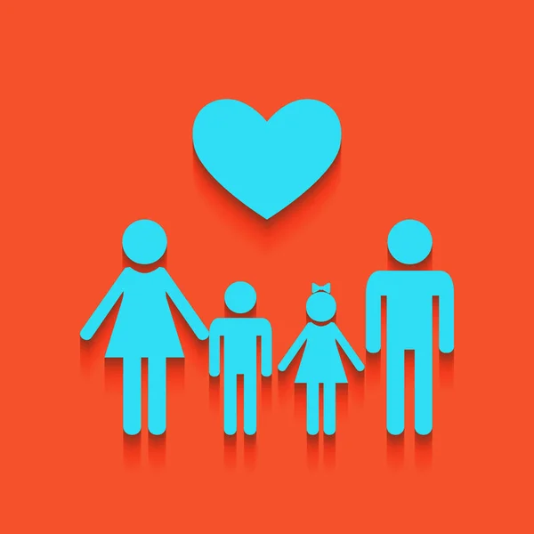 Familie symbool met hart. Man en vrouw zijn hield childrens handen. Vector. Blauwe pictogram met zachte schaduw putted neer op flamingo achtergrond. — Stockvector