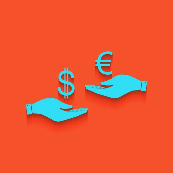 Change de devises de main en main. Dollar adn Euro. Vecteur. Icône bleue avec ombre douce posée sur fond de flamant rose . — Image vectorielle