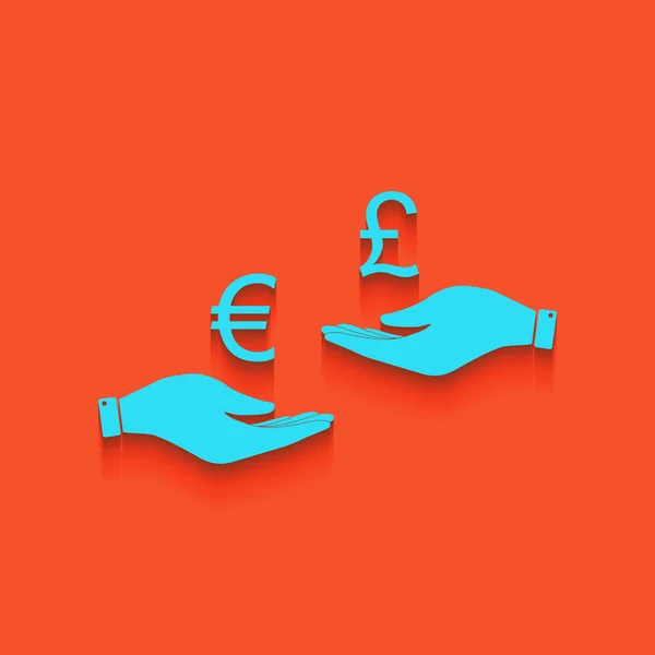 Currency exchange from hand to hand. Euro and Pound. Vector. Blue icon with soft shadow putted down on flamingo background. — Stock Vector