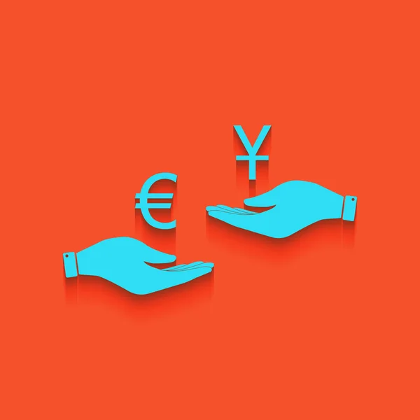 Cambio de moneda de mano en mano. Euro y Yuan. Vector. Icono azul con sombra suave sobre fondo flamenco . — Vector de stock