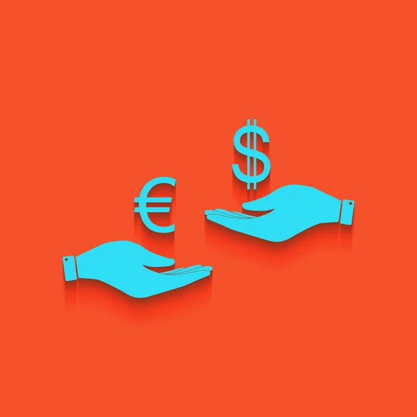Change de devises de main en main. Euro et Dollar. Vecteur. Icône bleue avec ombre douce posée sur fond de flamant rose . — Image vectorielle
