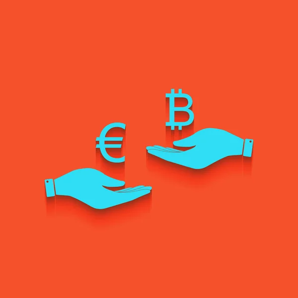 Valutawissel van hand in hand. Euro een Bitcoin. Vector. Blauwe pictogram met zachte schaduw putted neer op flamingo achtergrond. — Stockvector