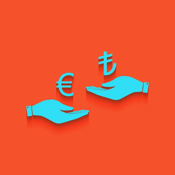 Currency exchange from hand to hand. Euro and Lira. Vector. Blue icon with soft shadow putted down on flamingo background. — Stock Vector