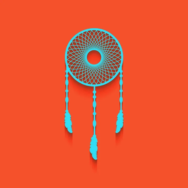 Dream catcher teken. Vector. Blauwe pictogram met zachte schaduw putted neer op flamingo achtergrond. — Stockvector