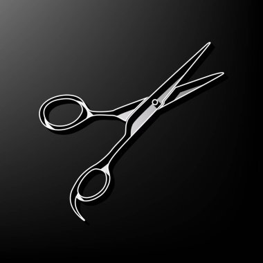 Saç kesme makası imzala. Vektör. 3D yazdırılan simge siyah arka plan üzerine gri.