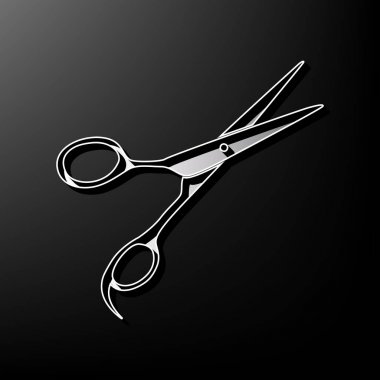 Saç kesme makası imzala. Vektör. 3D yazdırılan simge siyah arka plan üzerine gri.