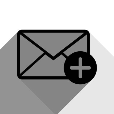 Posta işareti illüstrasyon işareti ekle. Vektör. İki düz gri gölgeler beyaz arka planda siyah simgesi.