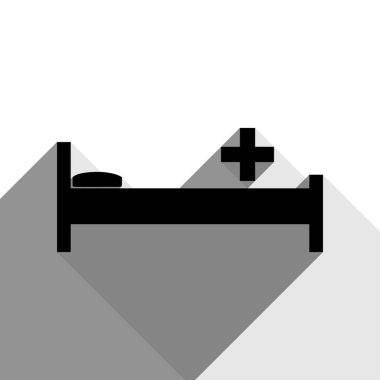 Hastane illüstrasyon işareti. Vektör. İki düz gri gölgeler beyaz arka planda siyah simgesi.