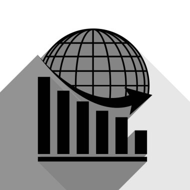 Dünya ile azalan grafiği. Vektör. İki düz gri gölgeler beyaz arka planda siyah simgesi.