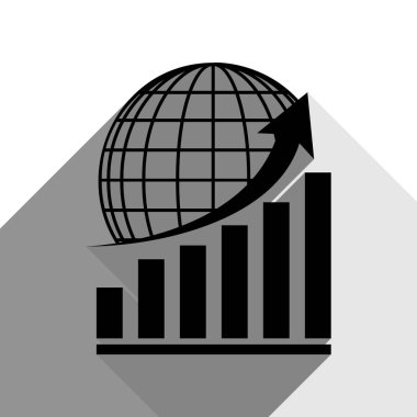 Dünya ile büyüyen grafiği. Vektör. İki düz gri gölgeler beyaz arka planda siyah simgesi.