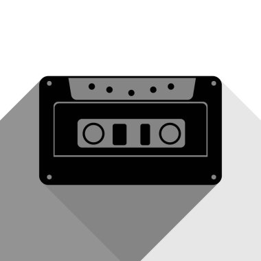 Kaset simgesi, ses bandı işareti. Vektör. İki düz gri gölgeler beyaz arka planda siyah simgesi.