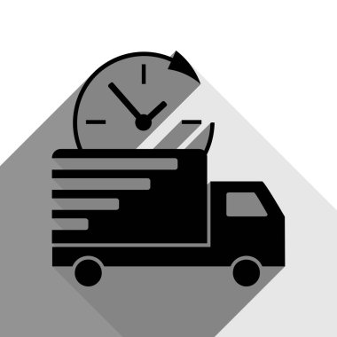 Teslimat işareti illüstrasyon. Vektör. İki düz gri gölgeler beyaz arka planda siyah simgesi.