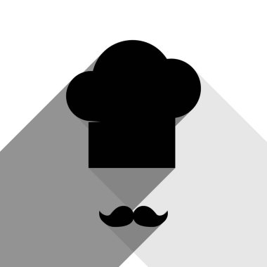 Chef şapka ve bıyık oturum açın. Vektör. İki düz gri gölgeler beyaz arka planda siyah simgesi.
