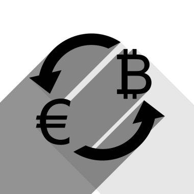 Döviz Alım Satım işareti. Euro ve Bitcoin. Vektör. İki düz gri gölgeler beyaz arka planda siyah simgesi.