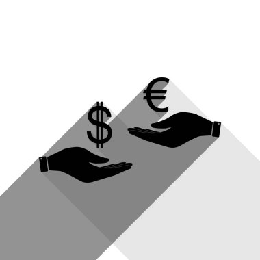 El el üzerinden Döviz Alım Satım. Dolar ve Euro. Vektör. İki düz gri gölgeler beyaz arka planda siyah simgesi.