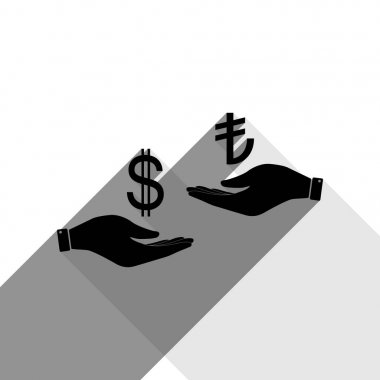 El el üzerinden Döviz Alım Satım. Dolar ve Türkiye Lirası. Vektör. İki düz gri gölgeler beyaz arka planda siyah simgesi.