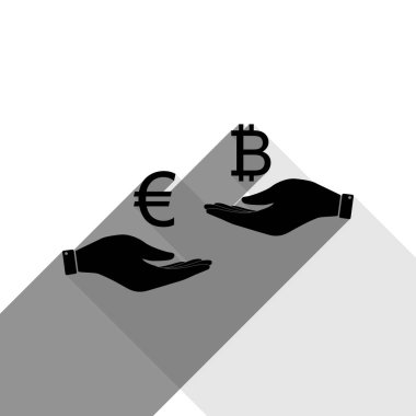 El el üzerinden Döviz Alım Satım. Euro Bitcoin bir. Vektör. İki düz gri gölgeler beyaz arka planda siyah simgesi.