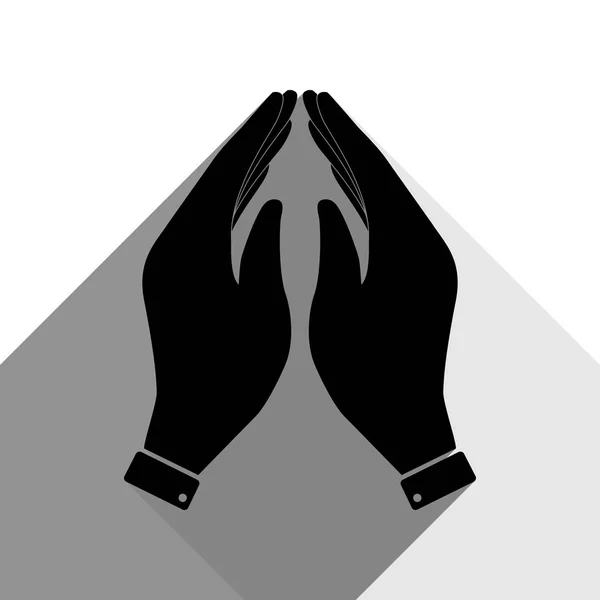 Hand icon illustration. Prayer symbol. Vector. Black icon with two flat gray shadows on white background. — Stock Vector