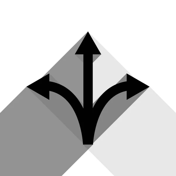 Señal de flecha de tres direcciones. Vector. Icono negro con dos sombras grises planas sobre fondo blanco . — Vector de stock