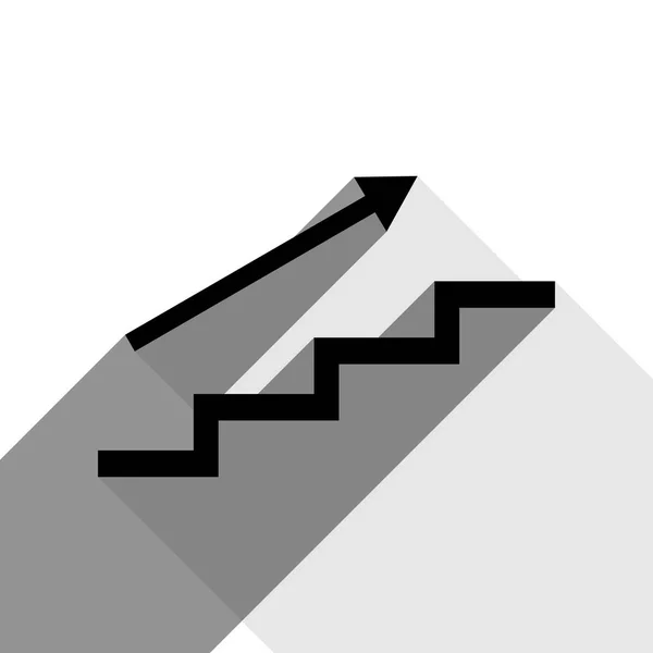 Лестница со стрелой. Вектор. Черная иконка с двумя плоскими серыми тенями на белом фоне . — стоковый вектор