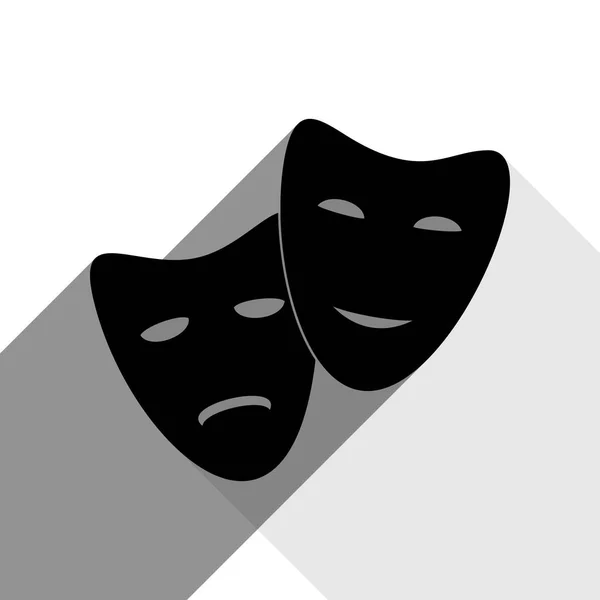 Icône de théâtre avec des masques heureux et tristes. Vecteur. Icône noire avec deux ombres grises plates sur fond blanc . — Image vectorielle