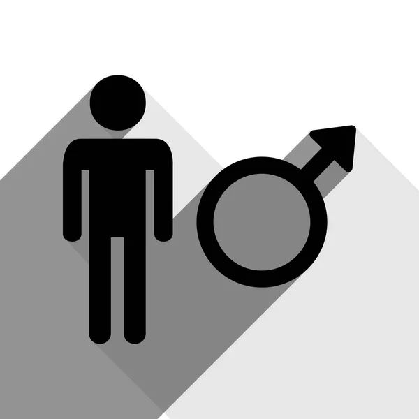 Signo masculino ilustración. Vector. Icono negro con dos sombras grises planas sobre fondo blanco . — Vector de stock