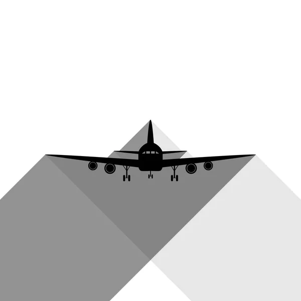 Sinal de avião voador. Vista frontal. Vector. Ícone preto com duas sombras planas cinza no fundo branco . —  Vetores de Stock