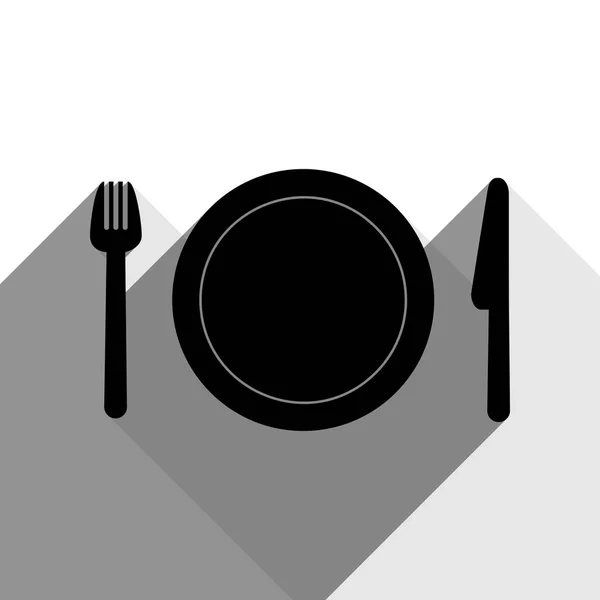 Tenedor, plato y cuchillo. Vector. Icono negro con dos sombras grises planas sobre fondo blanco . — Archivo Imágenes Vectoriales