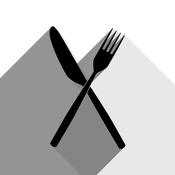 Vidlička a nůž podepsat. Vektor. Černá ikona s dvěma ploché šedé stíny na bílém pozadí. — Stockový vektor
