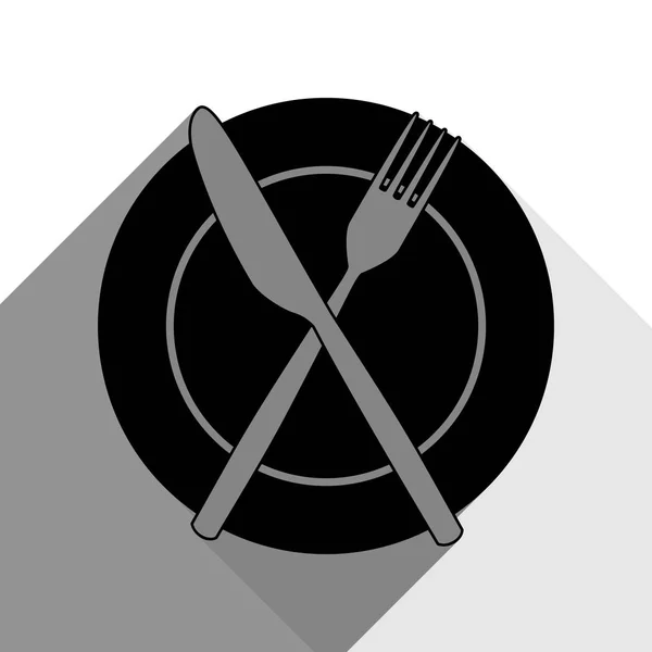 Fork, Knife and Plate sign. Vector. Black icon with two flat gray shadows on white background. — Stock Vector