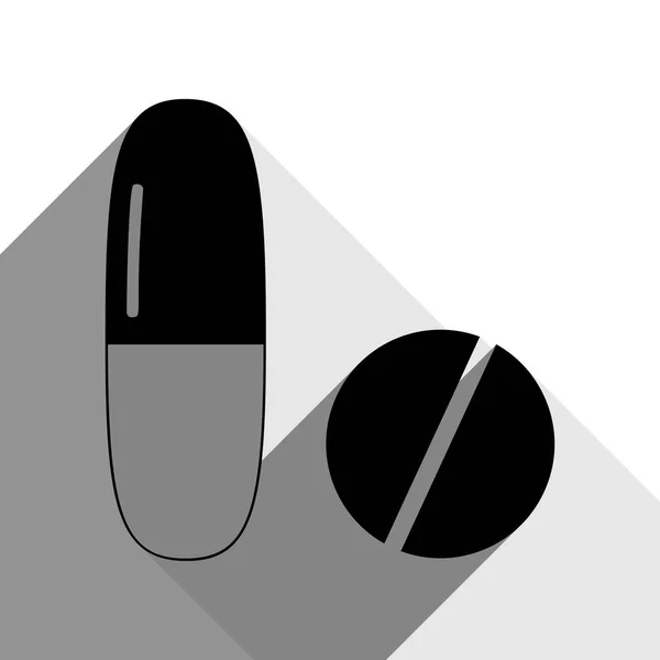 Signo de pastillas médicas. Vector. Icono negro con dos sombras grises planas sobre fondo blanco . — Vector de stock