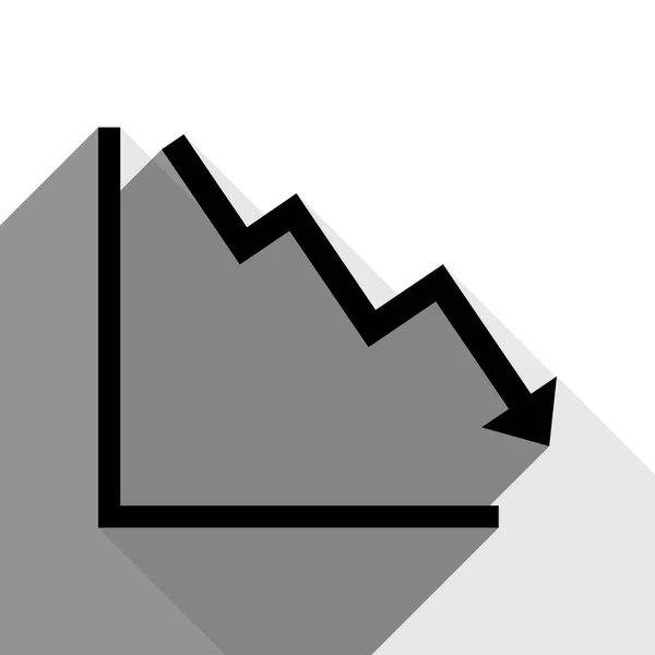 Pijl naar beneden weergegeven: crisis. Vector. Zwarte pictogram met twee platte grijze schaduw op witte achtergrond. — Stockvector