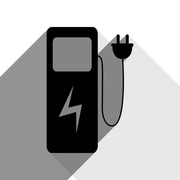 Electric car charging station sign. Vector. Black icon with two flat gray shadows on white background. — Stock Vector