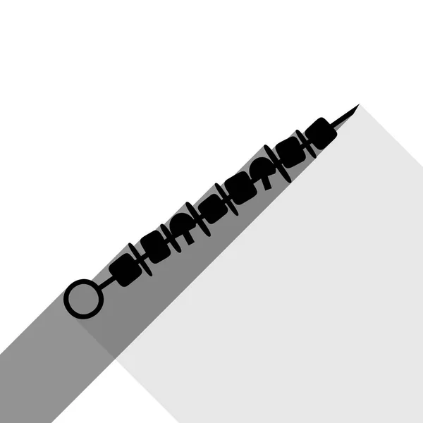 Shish kebab sur les brochettes signe. Vecteur. Icône noire avec deux ombres grises plates sur fond blanc . — Image vectorielle