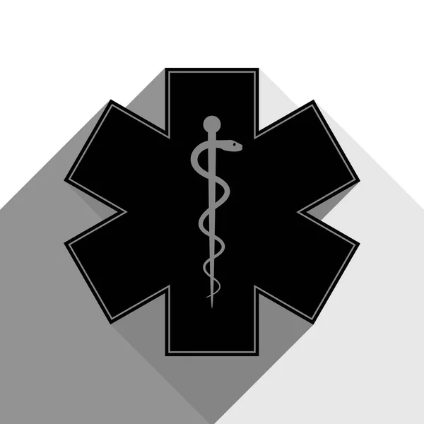 Símbolo médico de la Emergencia o Estrella de la Vida con frontera. Vector. Icono negro con dos sombras grises planas sobre fondo blanco . — Vector de stock