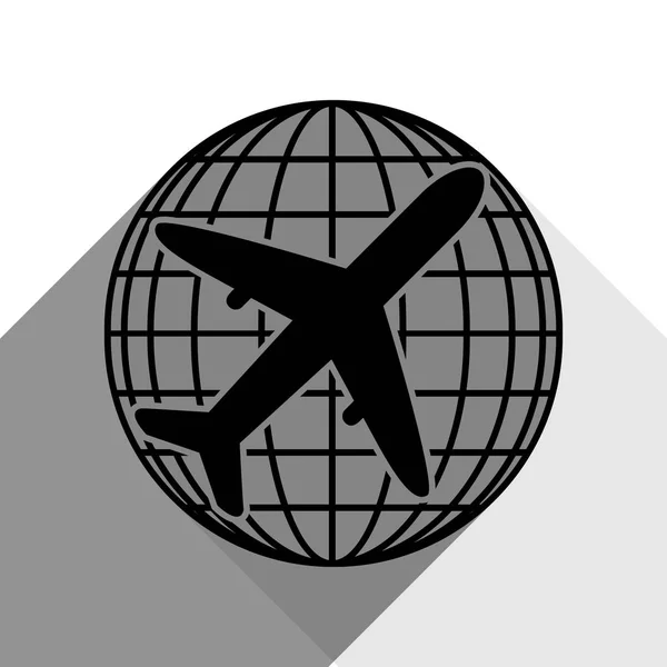 Глобус і літак подорожі знак. Вектор. Чорна ікона з двома плоскими сірими тінями на білому тлі . — стоковий вектор