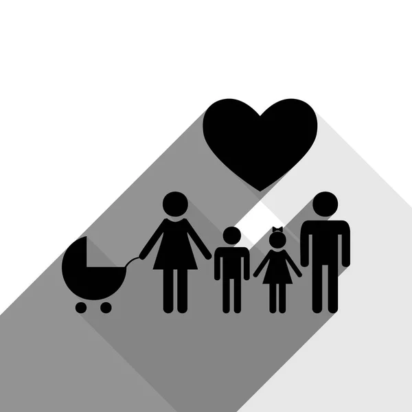 Familj logga med hjärta. Man och hustru hålls barnens händer. Vektor. Svart ikon med två platt grå skuggor på vit bakgrund. — Stock vektor