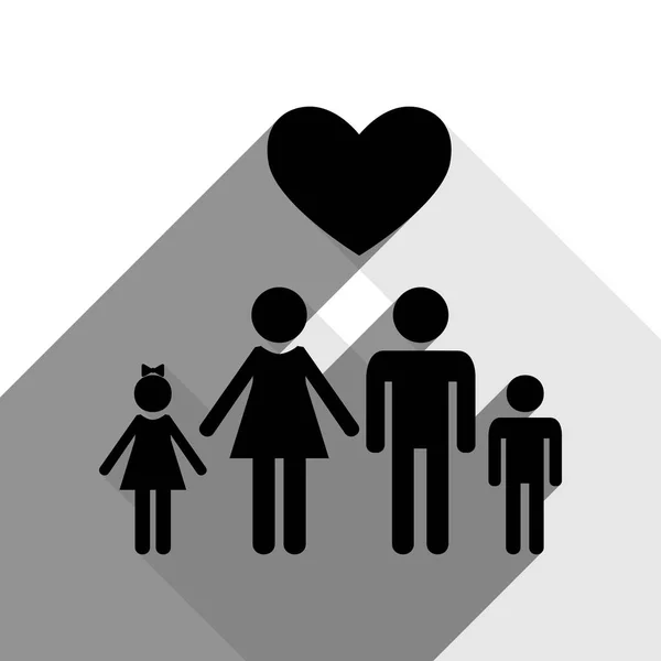 Family symbol with heart. Husband and wife are kept childrens hands. Love. Vector. Black icon with two flat gray shadows on white background. — Stock Vector