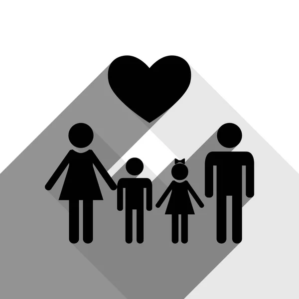 Símbolo familiar con corazón. El marido y la esposa se mantienen manos de niños. Vector. Icono negro con dos sombras grises planas sobre fondo blanco . — Archivo Imágenes Vectoriales