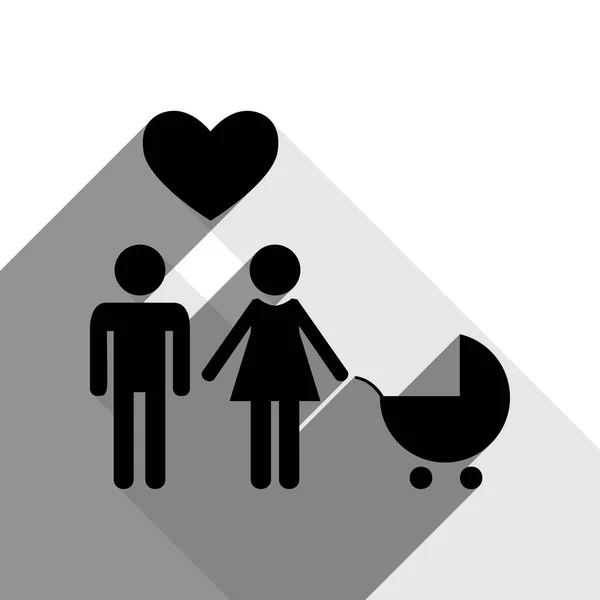 Family symbol with pram and heart. Husband and wife are kept each others hands. Love. Vector. Black icon with two flat gray shadows on white background. — Stock Vector