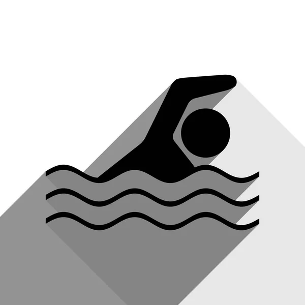 Letrero de natación. Vector. Icono negro con dos sombras grises planas sobre fondo blanco . — Vector de stock