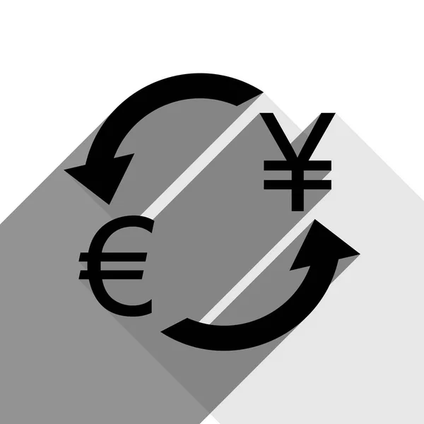Signo de cambio de divisas. Euro y Japón Yen. Vector. Icono negro con dos sombras grises planas sobre fondo blanco . — Archivo Imágenes Vectoriales