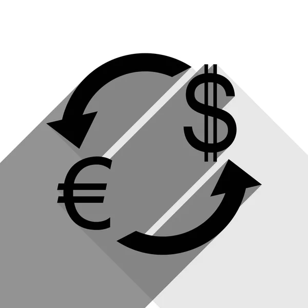 Valutaväxling, sign. Euro och Dollar. Vektor. Svart ikon med två platt grå skuggor på vit bakgrund. — Stock vektor