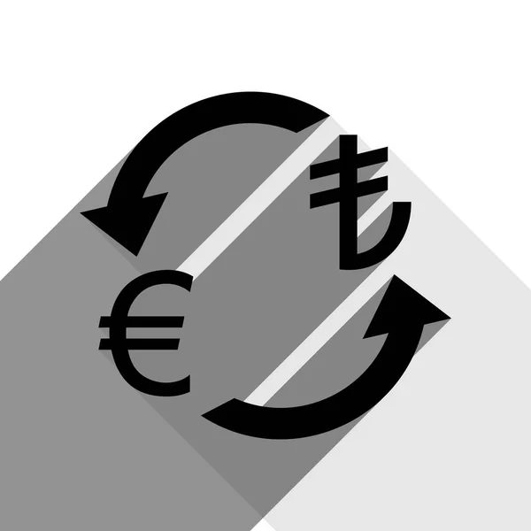 Signo de cambio de divisas. Euro y Turquía Lira. Vector. Icono negro con dos sombras grises planas sobre fondo blanco . — Archivo Imágenes Vectoriales