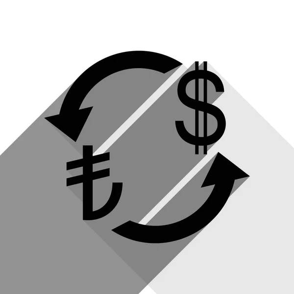 Valutaväxling, sign. Turkiet Lira och amerikanska Dollar. Vektor. Svart ikon med två platt grå skuggor på vit bakgrund. — Stock vektor