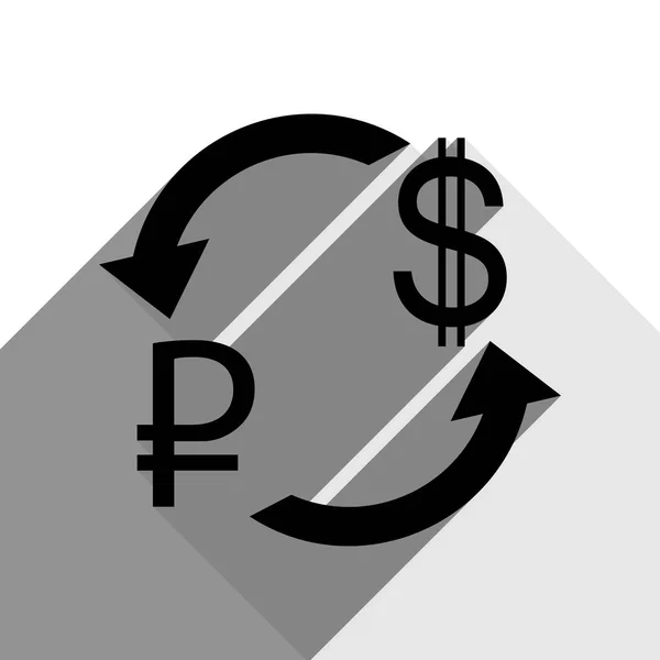 Segno di cambio valuta. Rublo e Dollaro USA. Vettore. Icona nera con due ombre grigie piatte su sfondo bianco . — Vettoriale Stock