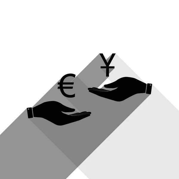 Currency exchange from hand to hand. Euro and Yuan. Vector. Black icon with two flat gray shadows on white background. — Stock Vector