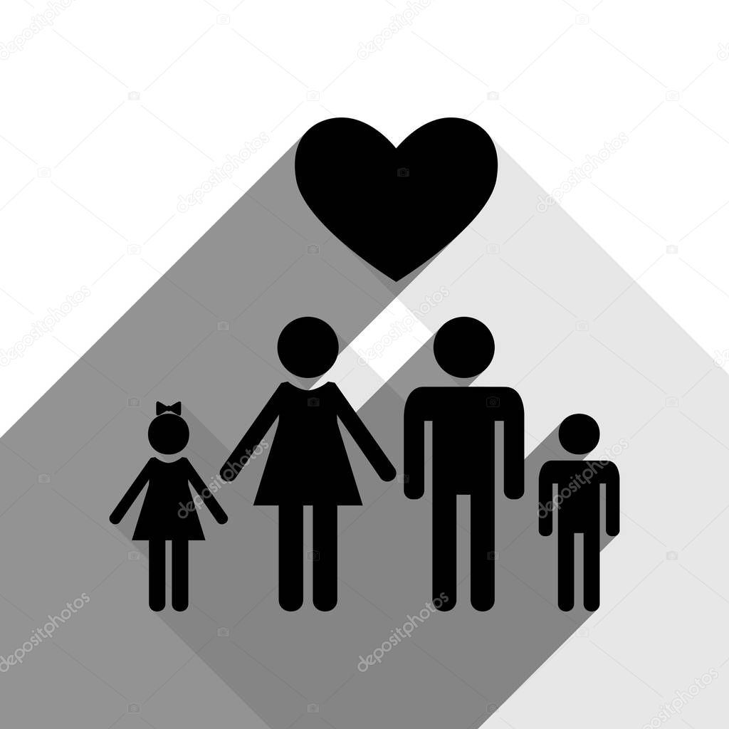 Family symbol with heart. Husband and wife are kept childrens hands. Love. Vector. Black icon with two flat gray shadows on white background.